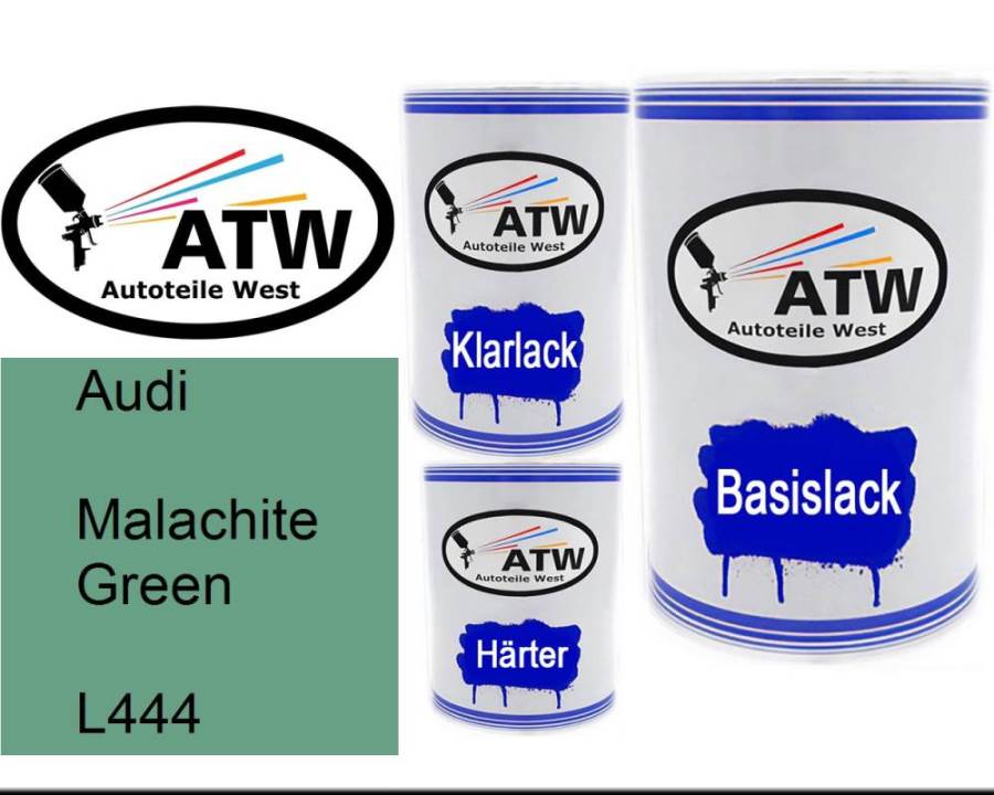 Audi, Malachite Green, L444: 500ml Lackdose + 500ml Klarlack + 250ml Härter - Set, von ATW Autoteile West.